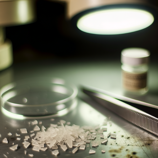 Laboratory setup with crystalline substance and tools.