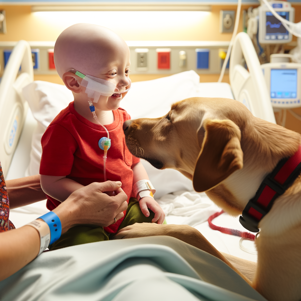 Child in a hospital bed smiles at a dog.