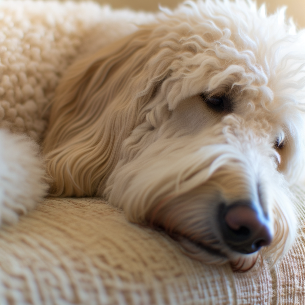 Fluffy dog resting on a cozy couch.