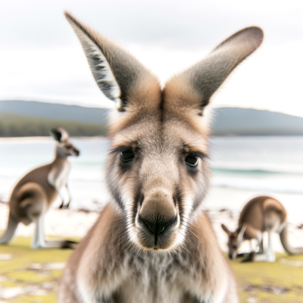 Kangaroo looking directly at the camera by the beach.