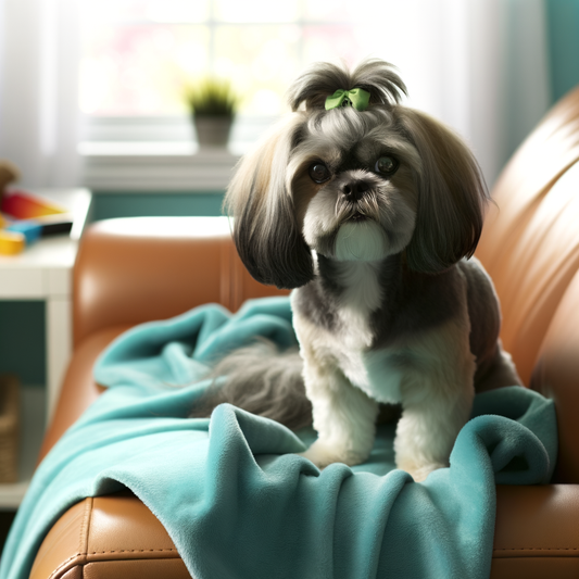 Adorable dog sitting on a couch with a blanket.