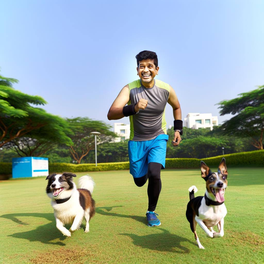 A man running with two happy dogs in a sunny park.