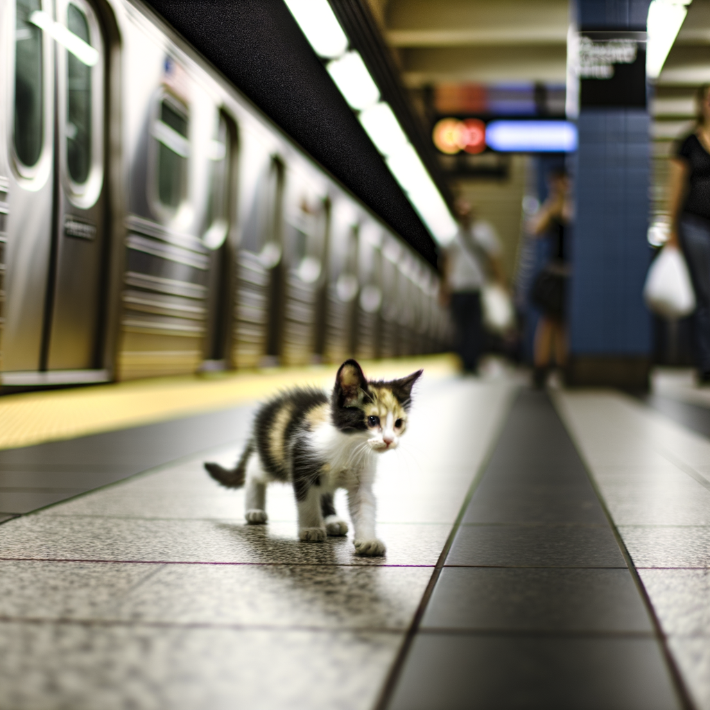 Kitten walking along a subway platform.