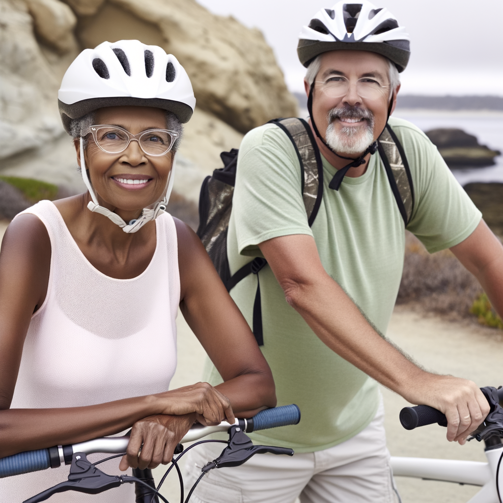 Smiling couple enjoying a bike ride outdoors.