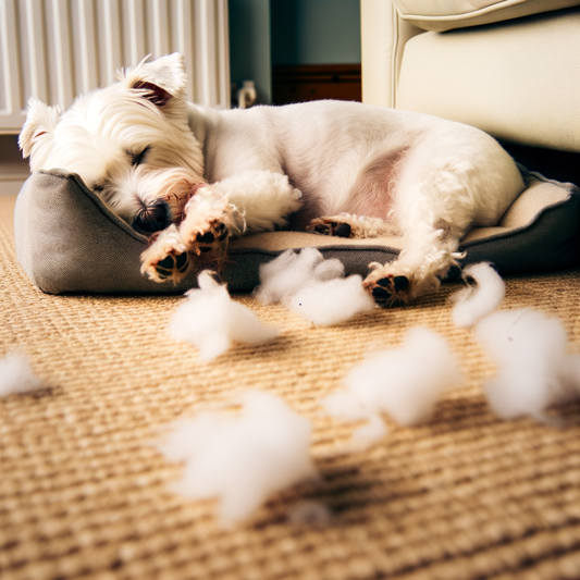 Sleeping dog surrounded by fluff from a torn bed.