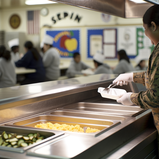 Person serving food in a school cafeteria setting.