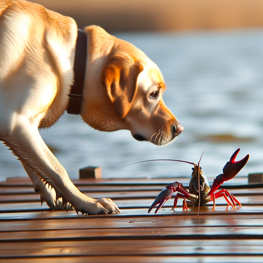 A curious dog looking at a lobster on a dock.