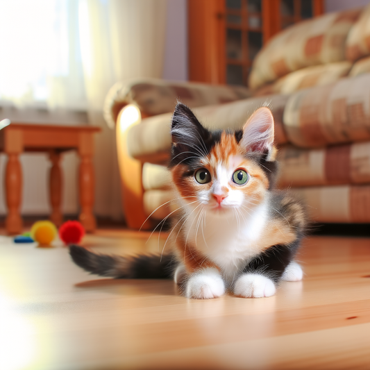 A playful calico kitten sitting on a wooden floor.