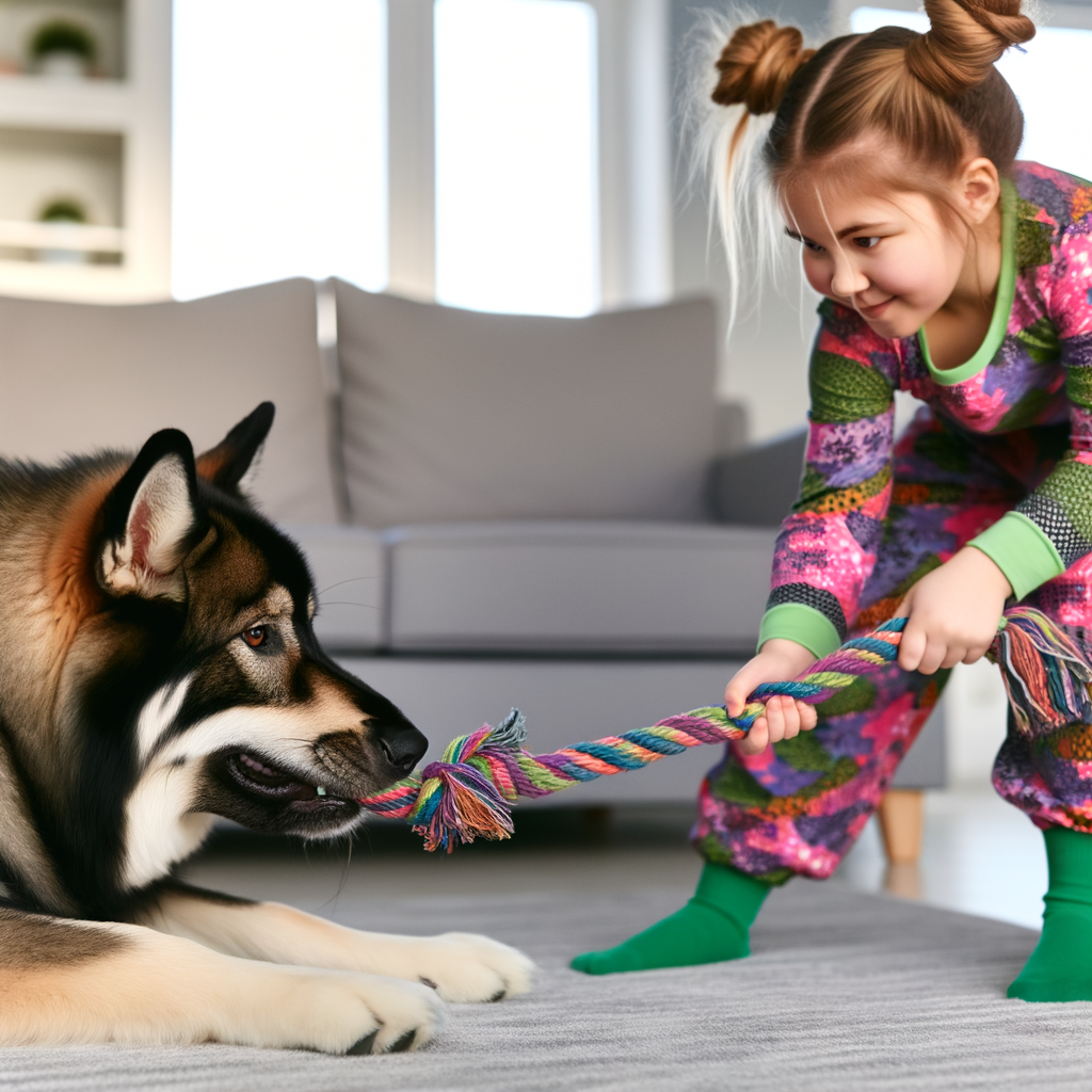 Child playing tug-of-war with a dog indoors.