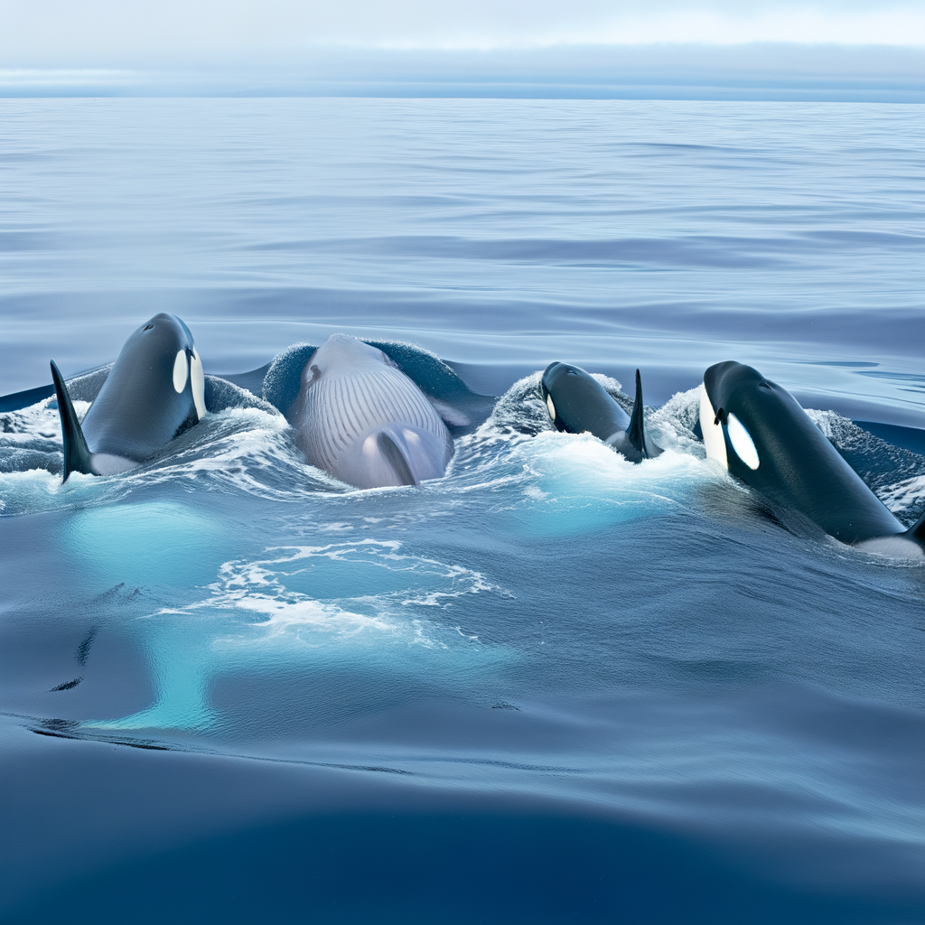 Orcas swimming around a gray whale in the ocean.