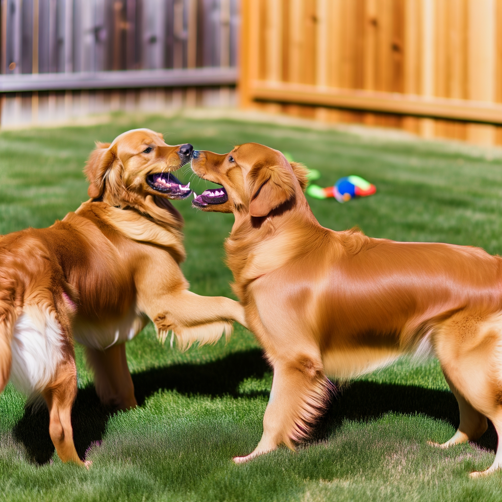 Two golden retrievers playfully interacting in a sunny yard.