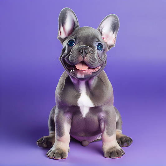 Smiling grey French Bulldog puppy on a purple background.
