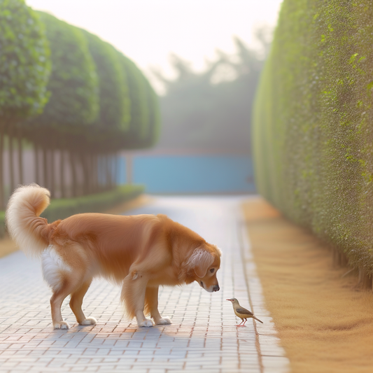 A golden retriever curiously watches a small bird.