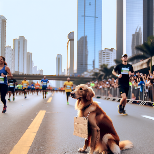 Dog sitting by the marathon route, holding a sign.