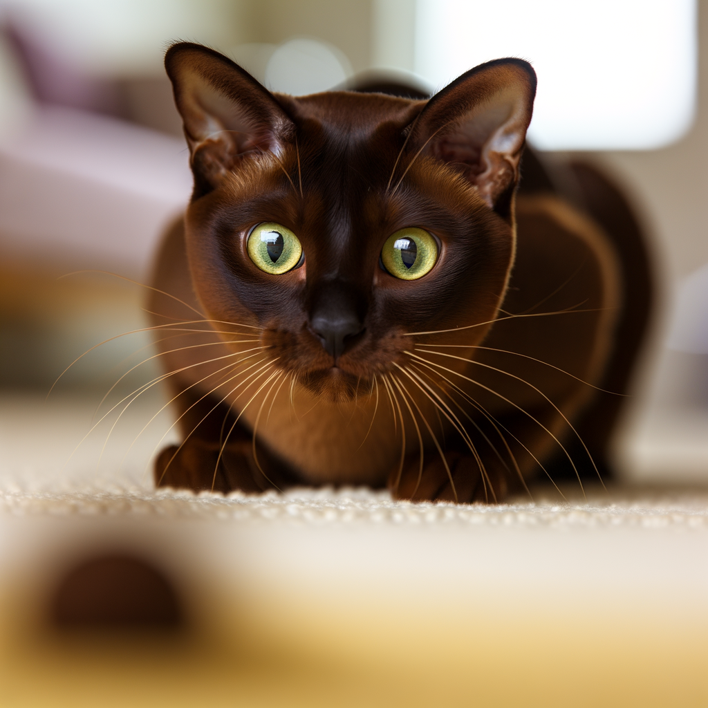 Curious cat with striking green eyes peeking forward.
