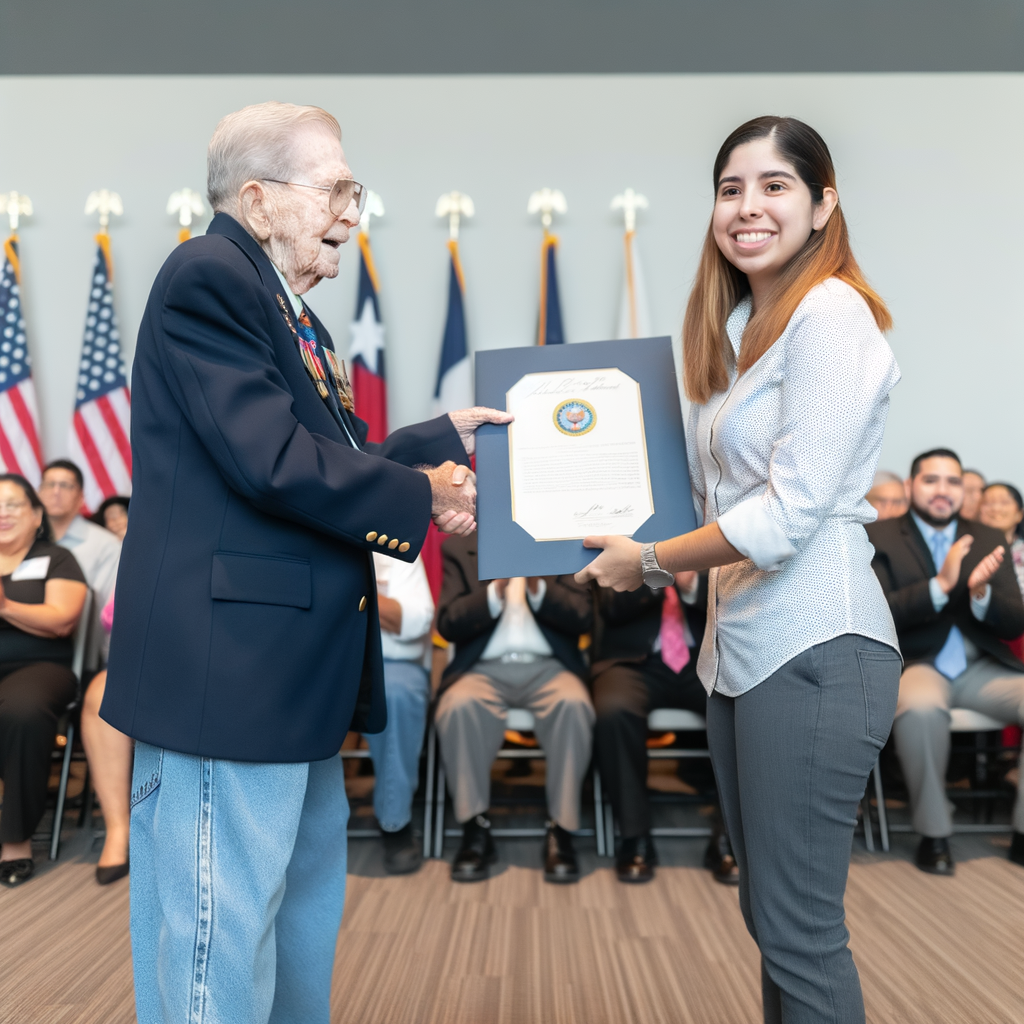 Veteran receiving a certificate from a young woman.