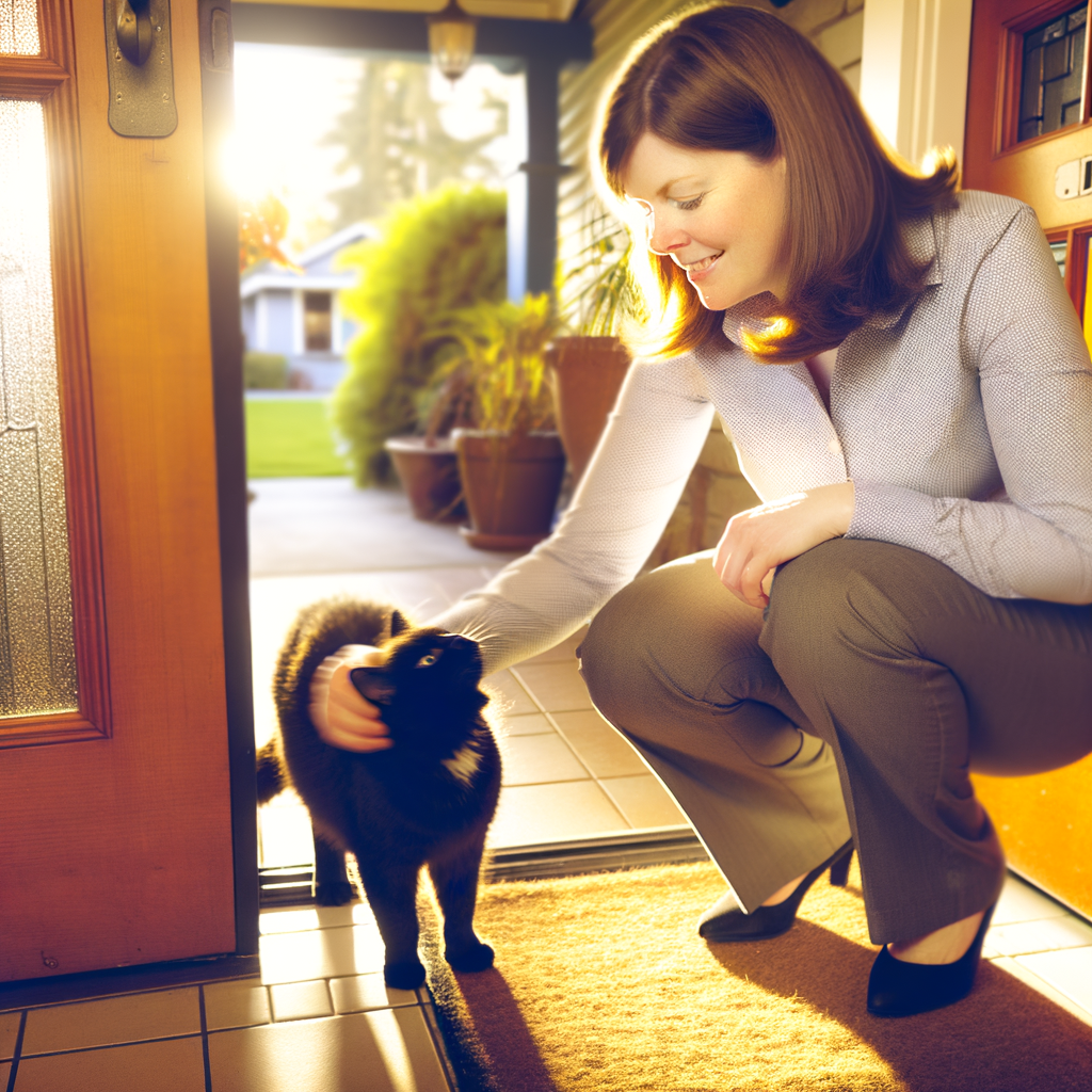 A woman petting a black cat at the door.