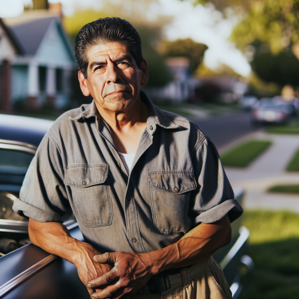Man leaning on a car, smiling in daylight.