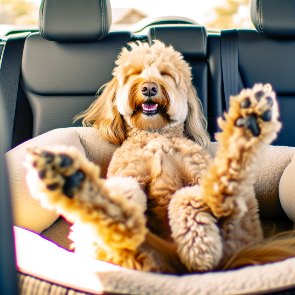 Happy dog lounging comfortably in a car.