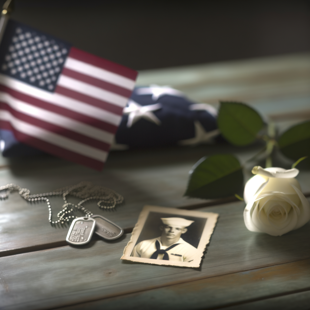 Memorial items: flag, dog tags, photo, and rose.