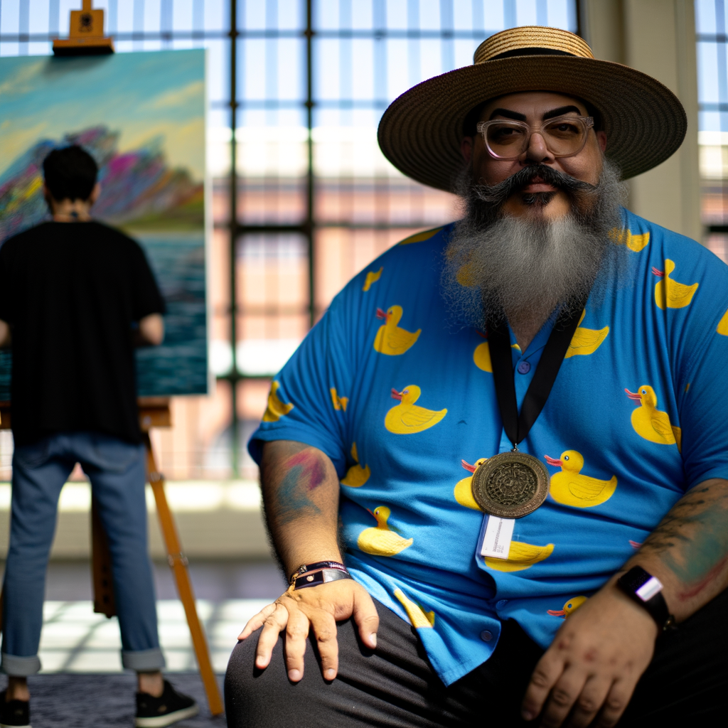 Person in a duck-patterned shirt poses in an art studio.