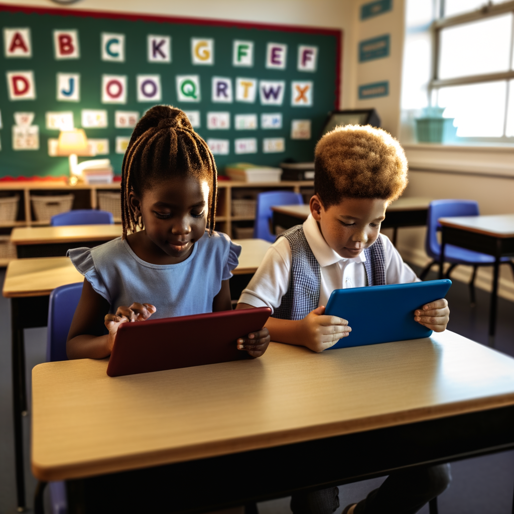 Students focused on tablets in a classroom setting.