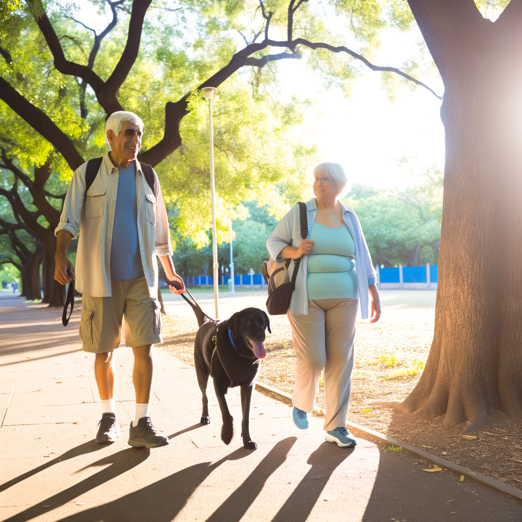 Seniors walking a dog on a sunny path.