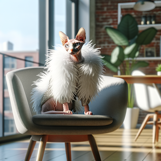 A stylish cat wearing a fluffy coat on a chair.