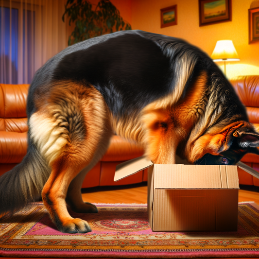German Shepherd exploring an open cardboard box indoors.