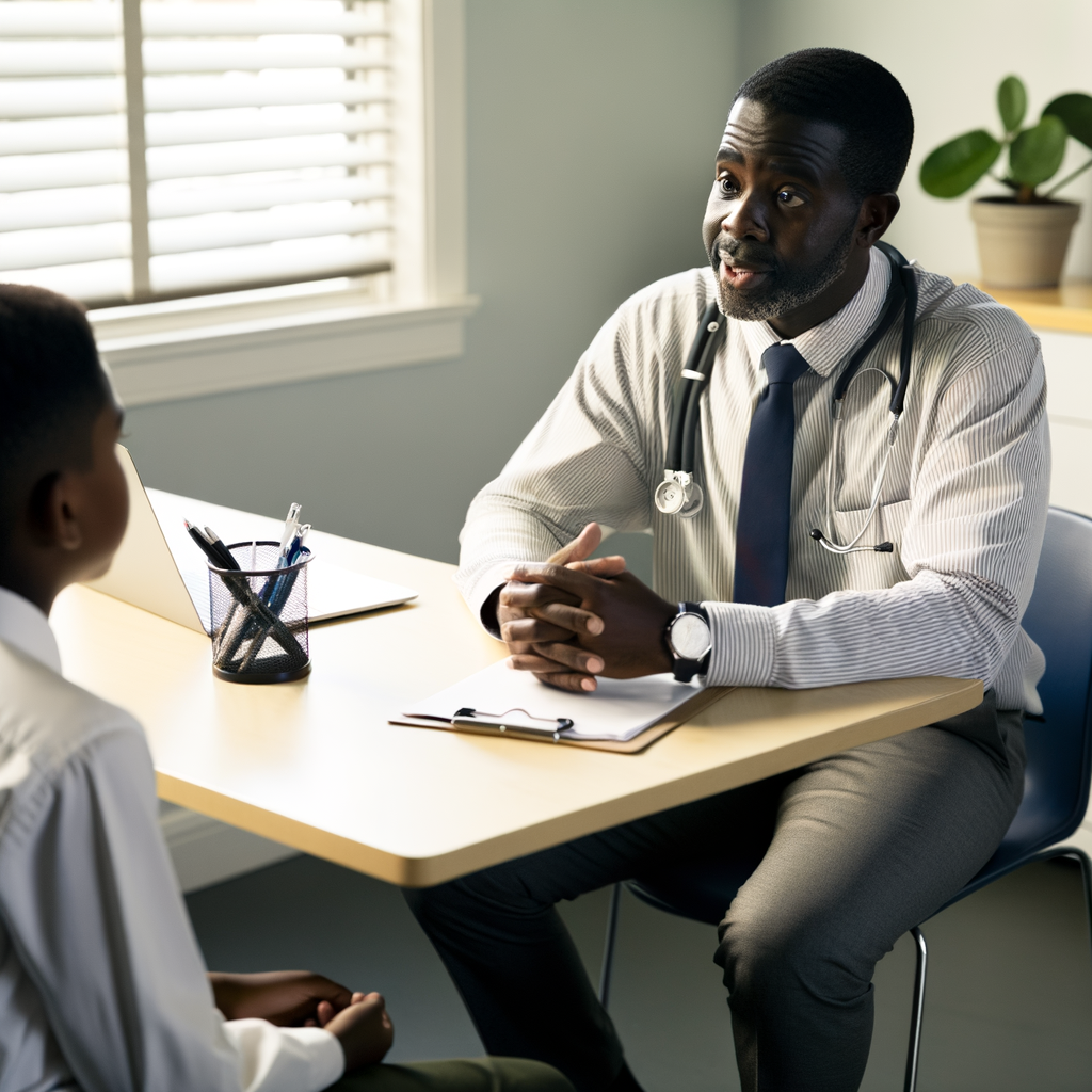 Doctor discussing with a young patient in an office.