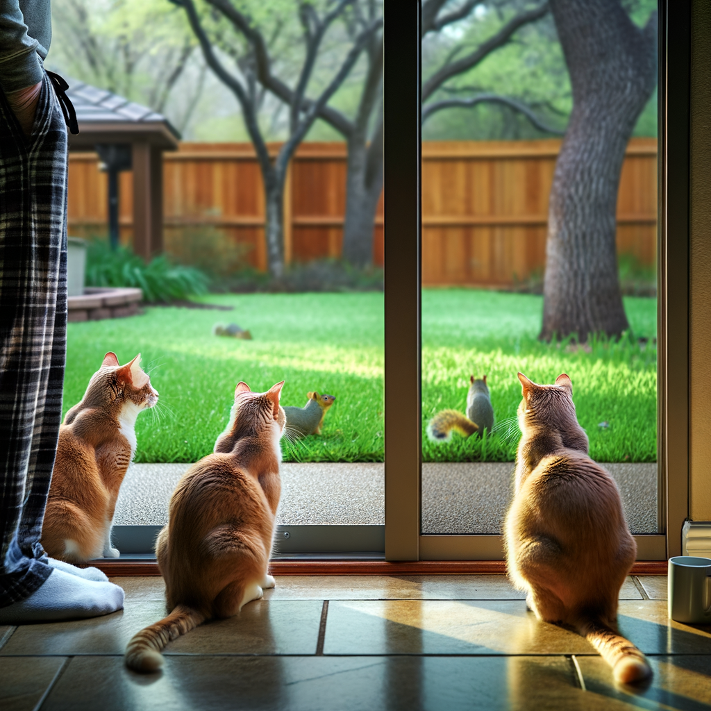 Three cats watching squirrels outside through a glass door.