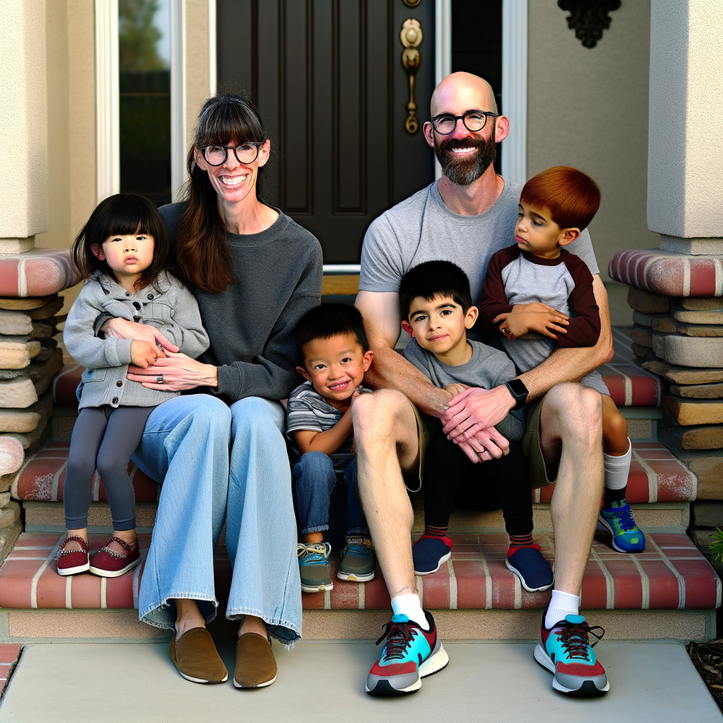 Family sitting on steps, smiling with four children.