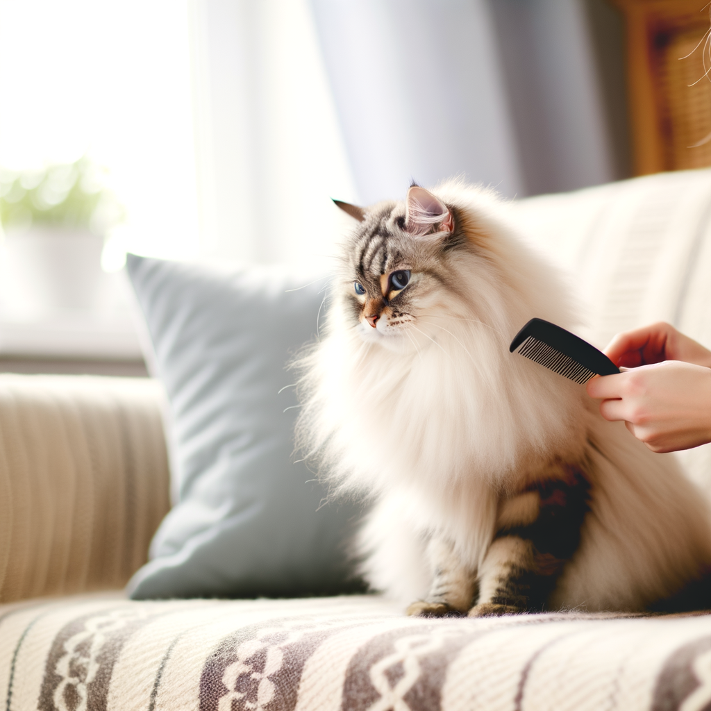 Person grooming a fluffy cat on a sofa.
