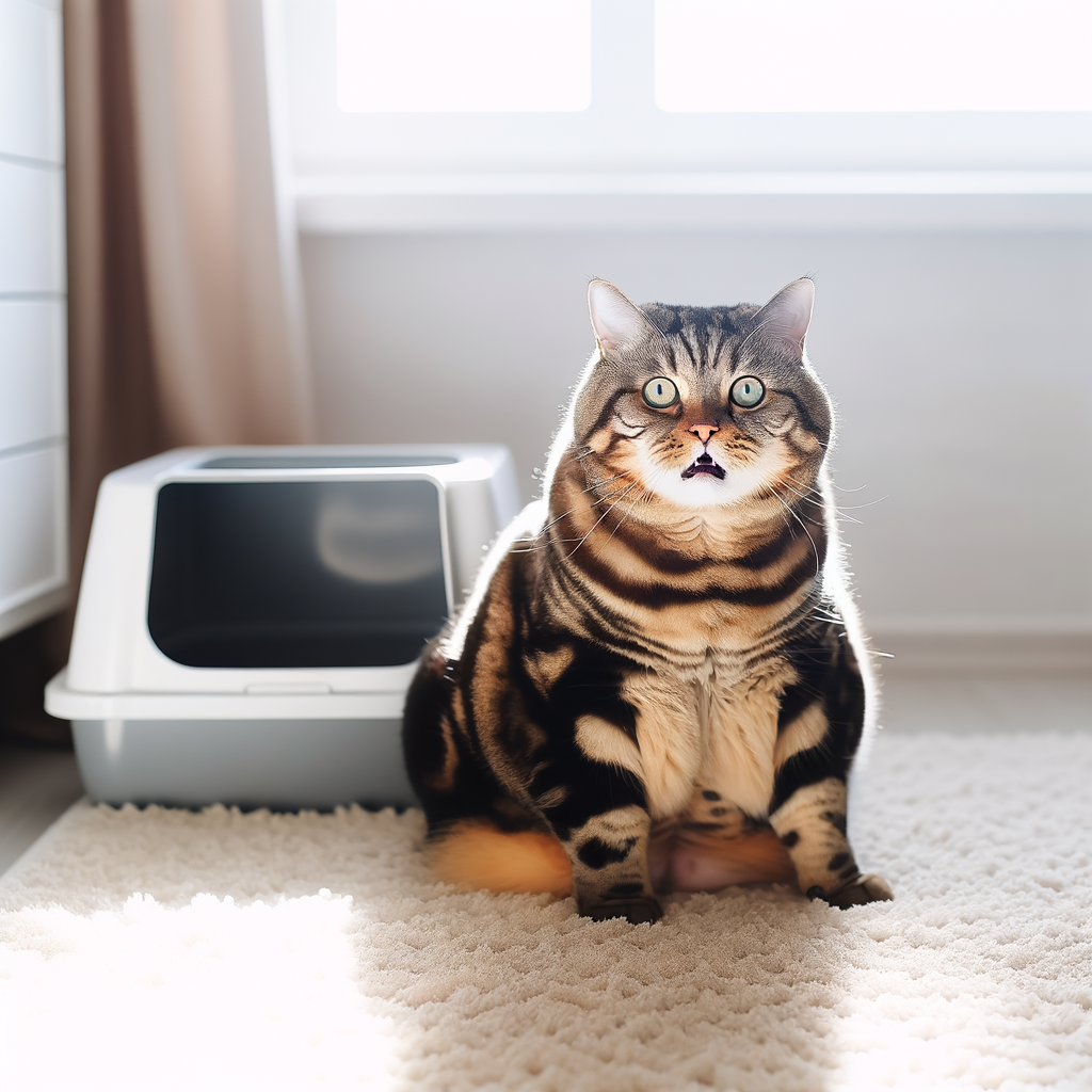 Surprised cat sitting beside a litter box.