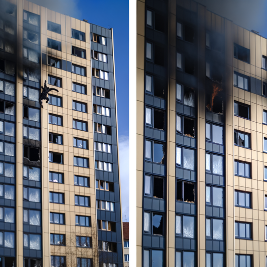 Building on fire with broken windows and smoke.