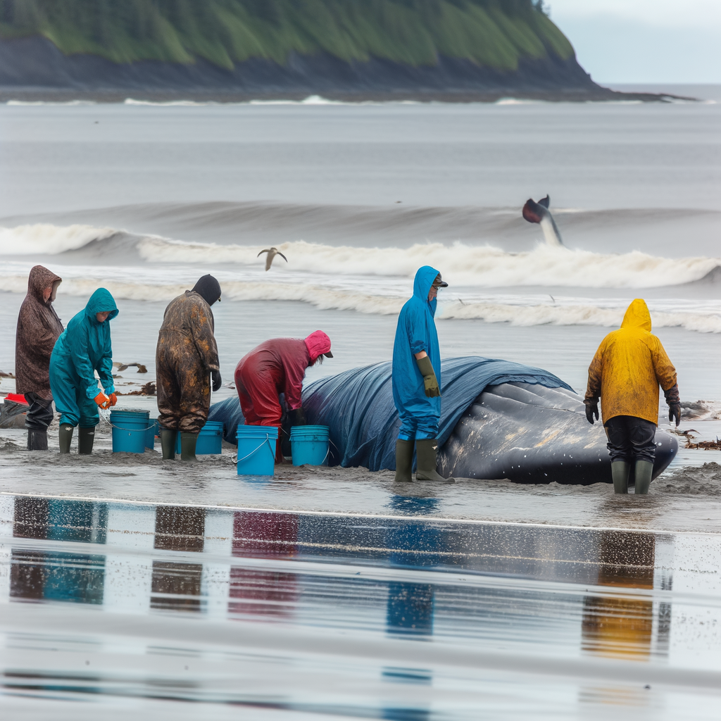 Rescue team cares for a stranded whale on the beach.