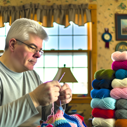 Man knitting with colorful yarn in a cozy room.