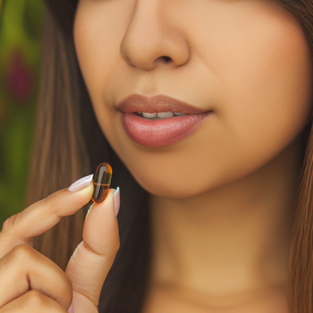 Woman holding a capsule near her lips.
