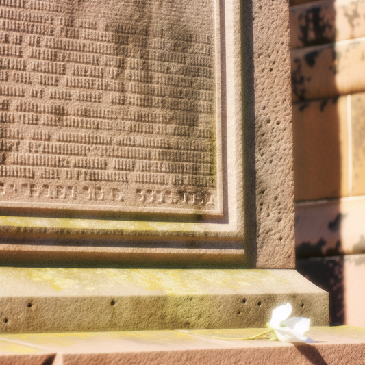 Close-up of a weathered gravestone with a flower.