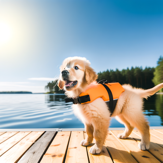 Puppy wearing a life jacket by the water.