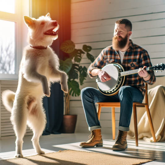 Dog joyfully dancing while a man plays banjo.