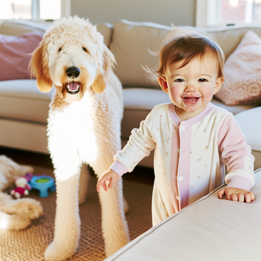 Smiling toddler playing with a dog in cozy room.