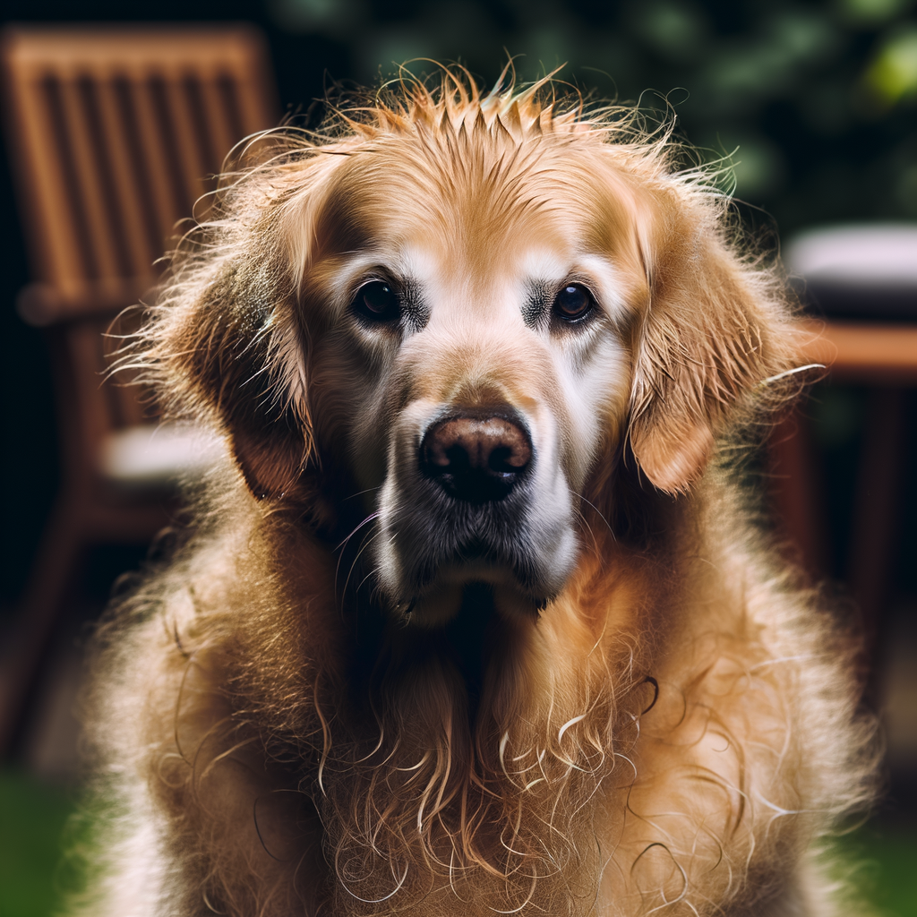 Golden retriever with a fluffy, wet coat.