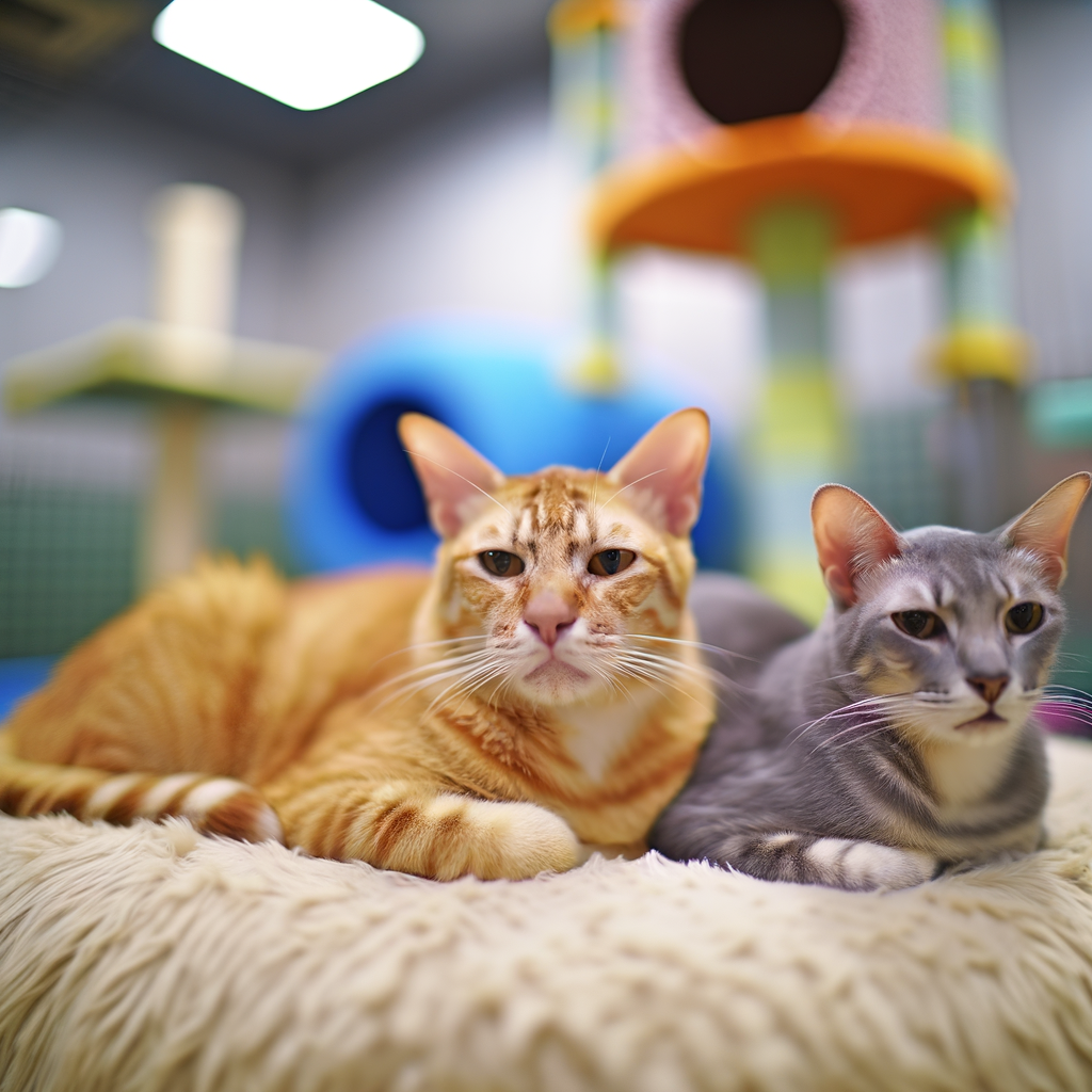 Two cats relaxing together on a soft surface.