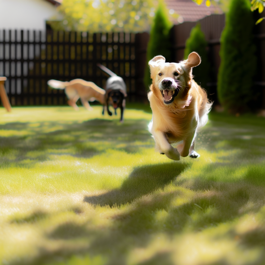 A happy dog running in a sunny backyard.