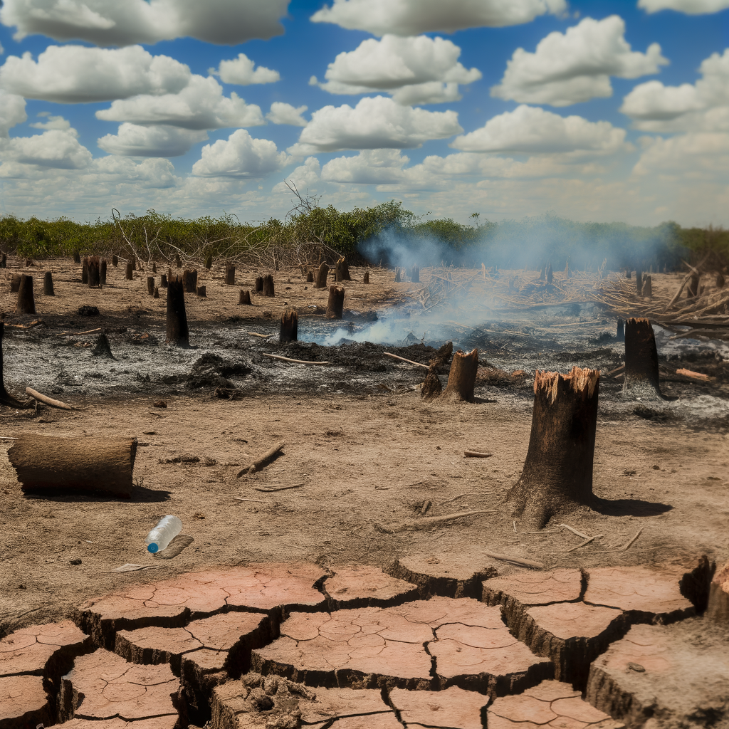 Burned landscape with tree stumps and cracked earth.