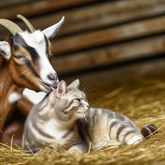 Goat and cat cuddling in a cozy barn.