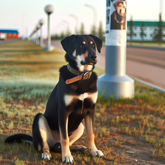 A black and tan dog sitting outdoors.