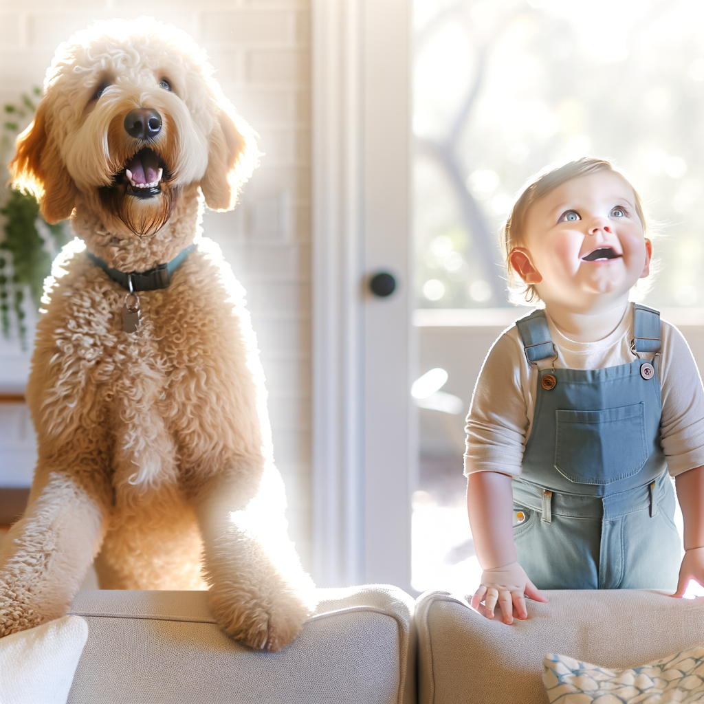 Happy dog and smiling baby near a sunny window.