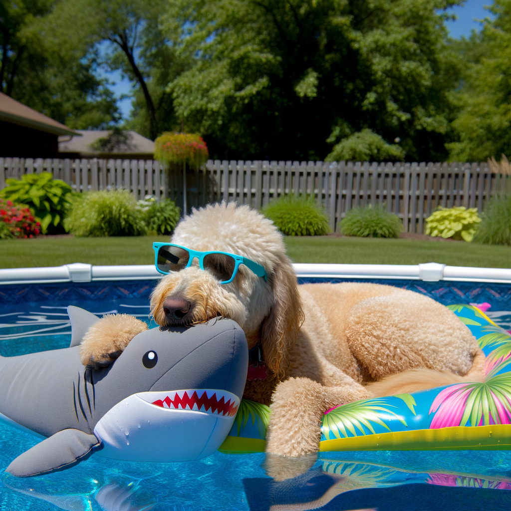 Dog lounging on a float with a shark toy.